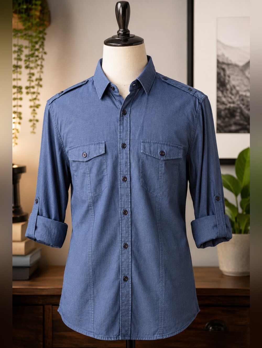 INC Men's Large Blue Utility Shirt Roll Tab Sleeves 100% Cotton Military Button